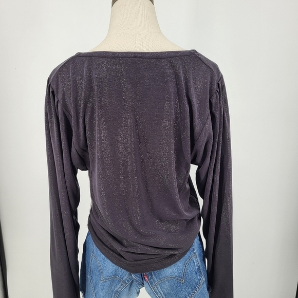 Free People Olivia Relaxed Henley Top Gray Sparkle Glitter Long Sleeve XS NWT - Picture 2 of 8